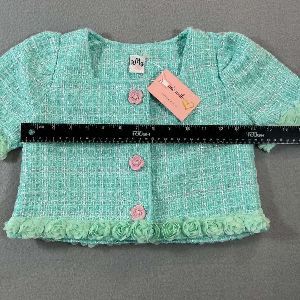 Mia Belle Girls Mint Green Tweed 2 Piece Set Rosette Trim Shorts Jacket Size 7/8